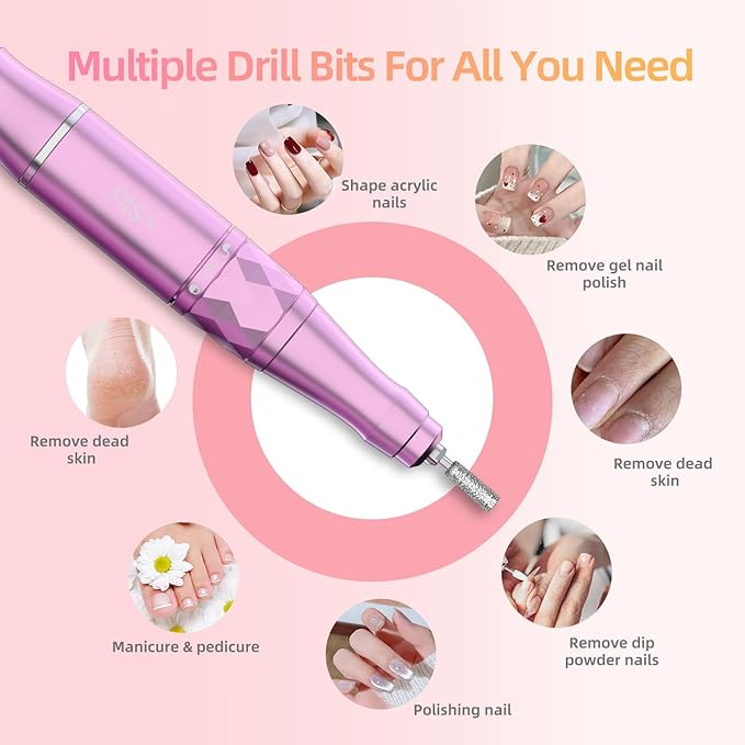 Electric Nail Files, 45000 RPM Professional Nail Drill for Acrylic Nails Gel, Adjustable Speed E File for Nails, Cordless Rechargeable Nail Drill Kit for Manicure Salon Home(Pink,Gift Box)