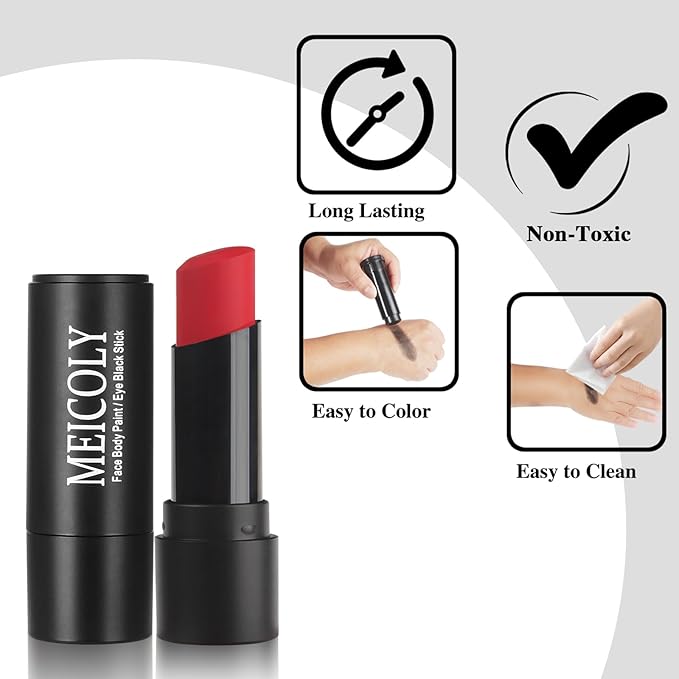 MEICOLY Red Face Body Paint Stick for Halloween SFX Cosplay Corpse Devil Clown Makeup,Red Face Paint for Adults and Kids,Waterproof Eye Black Stick for Baseball Softball Football Lacrosse