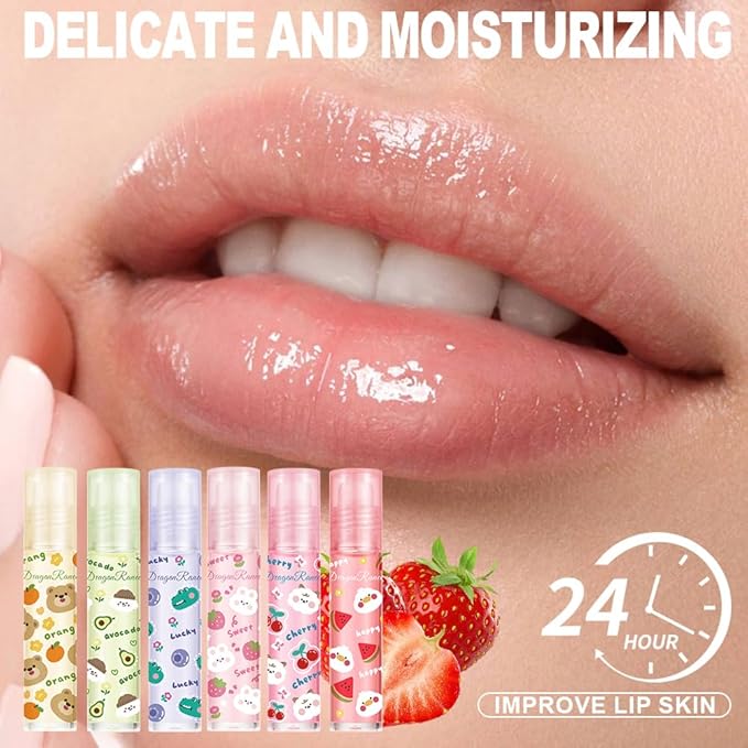 Lip Gloss Clear Jelly Lipstick Set, 6Pcs Roll On Lip Gloss Long Lasting Moisturizing Lip Balm Lip Glow Oil Nutritious Balm Lip Makeup for Women Girls