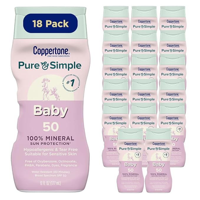 Coppertone Pure and Simple Baby Sunscreen Lotion SPF 50, Zinc Oxide Mineral Sunscreen for Babies, Hypoallergenic and Tear Free, 6 Fl Oz Bottle, Pack of 18