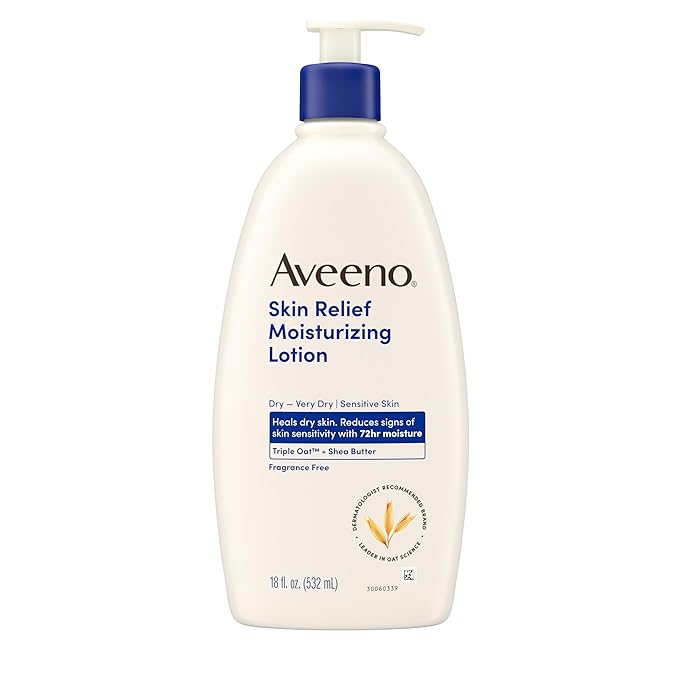 Aveeno Skin Relief Moisturizing Lotion Heals Very Dry, Sensitive Skin, Fast-Absorbing Body Lotion with Soothing Triple Oat & Shea Butter Formula, Fragrance Free, Non-Comedogenic, 18 fl. oz