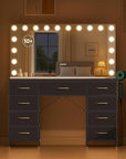 COMHOMA Vanity Desk with Large Mirror,15 LED Bulbs and Power Outlet,Makeup Table with 9 Storage Drawers and HD Mirrors,3 Color Modes Adjustable Lighting for Bedroom Dressing Room (Black, 47inch)