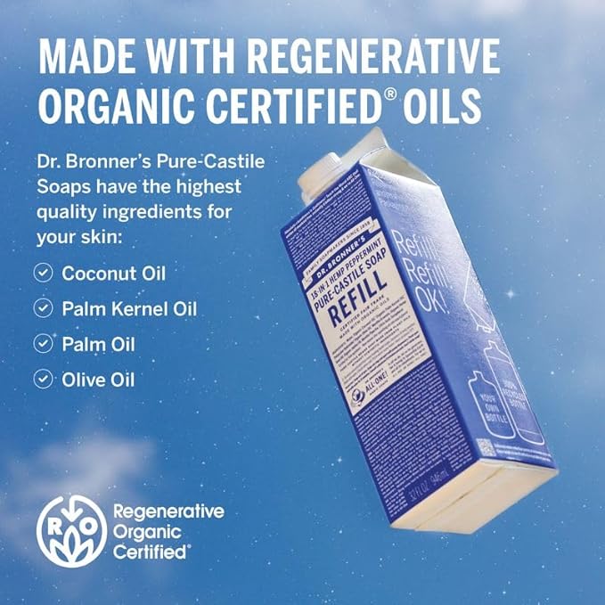 Dr. Bronner's Pure-Castile Liquid Soap Bottle & Refill Carton - Made with Regenerative Organic Certified Oils, 82% Less Plastic-18-in-1 Uses for Face, Body Wash, Hand Soap Refill- Peppermint, 32oz
