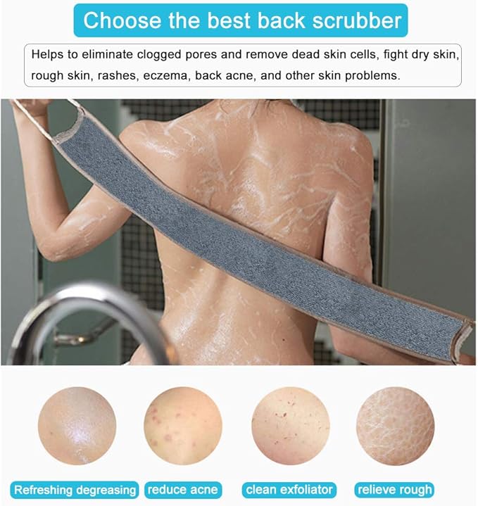 Loofah Back Scrubber for Shower for Men/Women, Natural Soft Flax Back Scrub Washer, Extra Long Back Exfoliator Cleaner for Shower Acne, Dual-Sided Bath Exfoliating Scrubber, Deep Clean&Invigorate Skin