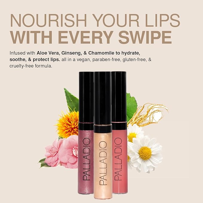 Palladio Lip Gloss, Non-Sticky Lip Gloss, Contains Vitamin E and Aloe, Offers Intense Color and Moisturization, Minimizes Lip Wrinkles, Softens Lips with Beautiful Shiny Finish, Watermelon