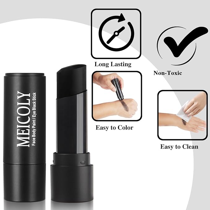 MEICOLY Black Face Body Paint Stick for Halloween SFX Cosplay Clown Skeleton Zombie Joker Makeup,Face Paint for Adults and Kids,Waterproof Eye Black Baseball Softball Football Lacrosse
