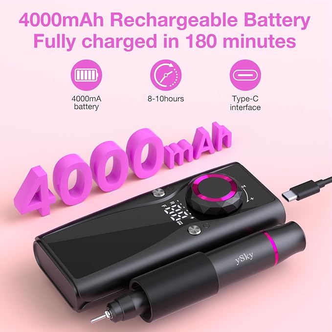 Electric Nail Files, 45000 RPM Professional Nail Drill for Acrylic Nails Gel, Adjustable Speed E File for Nails, Cordless Rechargeable Nail Drill Kit for Manicure Salon Home