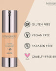 Bodyography Natural Finish Foundation Makeup (Medium #160) Oil-Free Gluten-Free, Paraben-Free, 1 oz