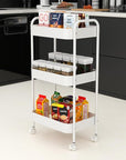 3-Tier Metal Utility Rolling Cart, Multi-Functional Storage Trolley for Office, Living Room, Kitchen, Movable Storage Organizer with Wheels, White