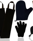 5 Piece Self Tanning Mitt Set with Tan Glove, Back Lotion Applicator, Face Mitt, Exfoliating Glove (Black)