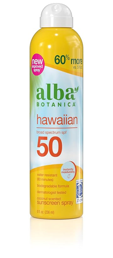 Alba Botanica Hawaiian Coconut Sunscreen, Spray Broad Spectrum SPF 50 Sunscreen, Water Resistant and Biodegradable 8 fl oz Bottle