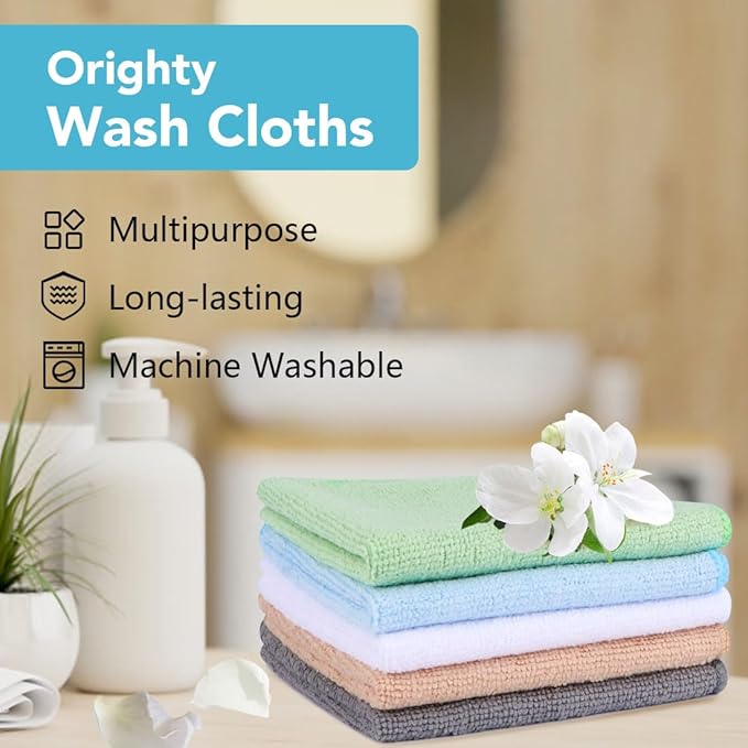 Orighty Wash Cloths Bulk Towels Set 200 Pack, Highly Absorbent and Soft Feel Microfiber Face Cloths, Multi-Purpose Washcloths & Hand Towels for Bathroom, Hotel, Spa, and Gym, 12x12 Inch, Multicolor