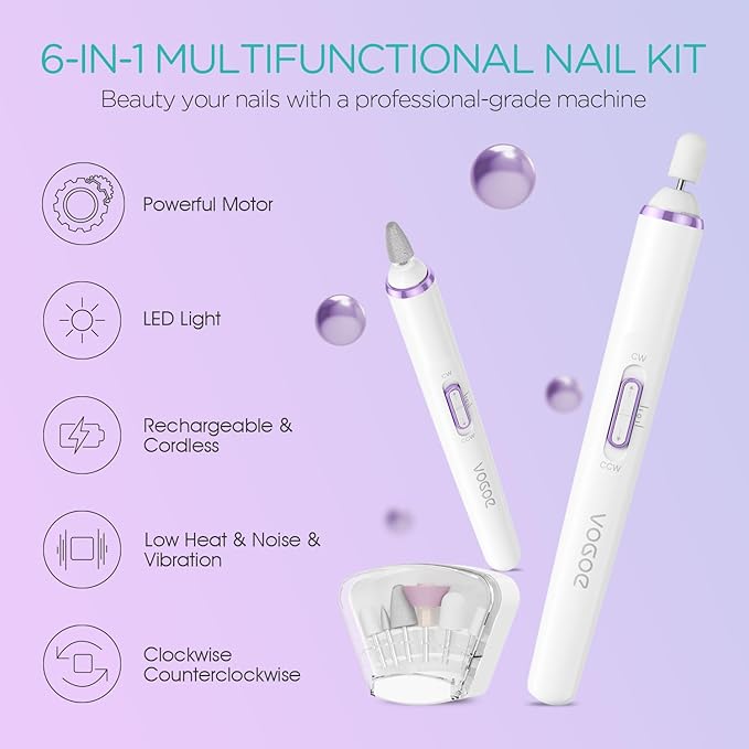 Electric Nail Drill, Cordless Nail File Machine Kit 2 Directions & Speeds for Acrylic, Gel Nails, Rechargeable with LED & 6 Nail Drill Bits for Professional Manicure and Pedicure, Purple ND310