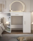 Vanity Desk with Mirror and Lights & Hidden Storage,3-Color Adjustable Lights, 4-Tier Open Shelves,Large Drawer, Extra-Wide 19.3" Desktop, White Dressing Table for Bedroom