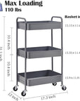 TOOLF 3-Tier Metal Rolling Cart with Wheels, Storage Utility Organizer Cart for Kitchen, Bathroom, Office, Baby Essentials & Makeup - Lockable Casters, Easy Assembly, Large Capacity, Gray