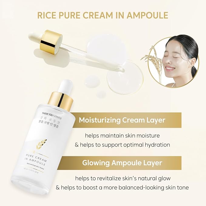 THANKYOU FARMER Rice Pure Cream In Ampoule, Double Layered Formula, Glass skin, Dermatologist Tested, Korean Rice Extracts, Niacinamide, Fragrance-Free, 1.75 fl.oz (50ml)