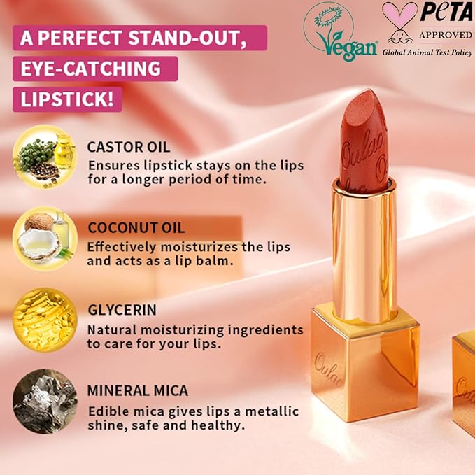 Oulac Coral Pink Lipstick for Women with Metallic 3D Shine Lightweight Hydrating Formula, High Impact Lip Color, Vegan Beauty, Full Coverage Lip Makeup, Christmas Gifts for Women, Nemo Go Home(06)