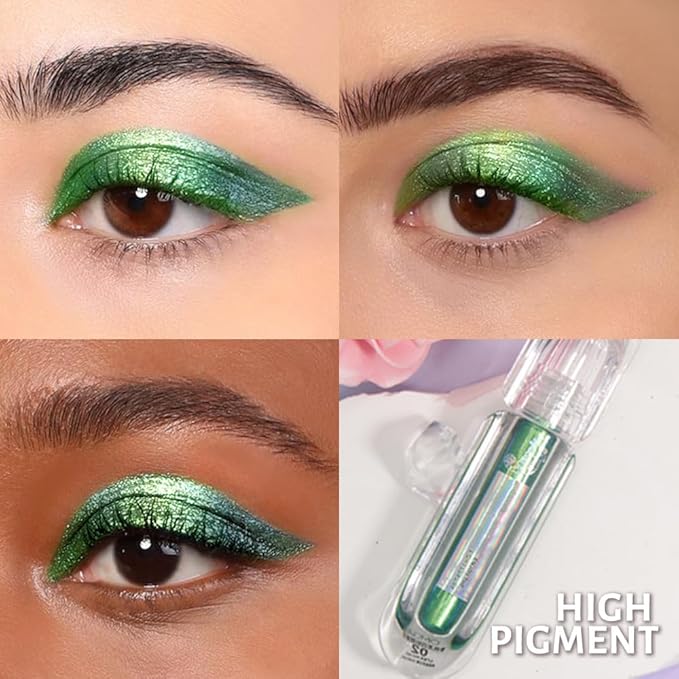 AMY'S DIARY Duochrome MultiChrome Chameleon Green Liquid Metallic Eyeshadow, High-Impact Multi-Dimensional Finish,Deep green Silky Smooth and High Pigment Holographic Glitter Eyeshadow Makeup (02#)