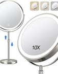 10x Large Lighted Makeup Mirror, Rechargeable 8" Height Adjustable Vanity Mirror, 1x/10x Magnifying Mirror with 3 Color, Brightness Adjustable, 360° Rotation Double Sided Mirror, Gift for Her(Nickel)