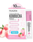 TEAZEN Peach Kombucha Tea, Hydration Drink Mix, Sugar Free, Live Probiotics & Prebiotics, 10 Sticks, 1.76oz