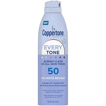 Coppertone Every Tone Sunscreen Spray SPF 50, Lightweight, Blends in Clear Sunscreen for All Skin Tones, Formulated with Nourishing Vitamin E, 5 Oz Bottle