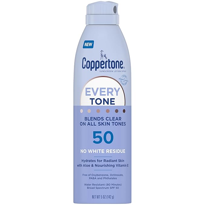 Coppertone Every Tone Sunscreen Spray SPF 50, Lightweight, Blends in Clear Sunscreen for All Skin Tones, Formulated with Nourishing Vitamin E, 5 Oz Bottle