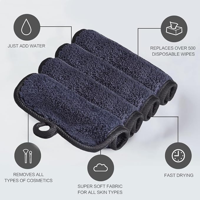 Makeup Remover Cloths for Face, Eye, Lips - Reusable Face Cleansing Cloth Microfiber Makeup Remover Pads 5 x 5 inch 6 Pack (Black)