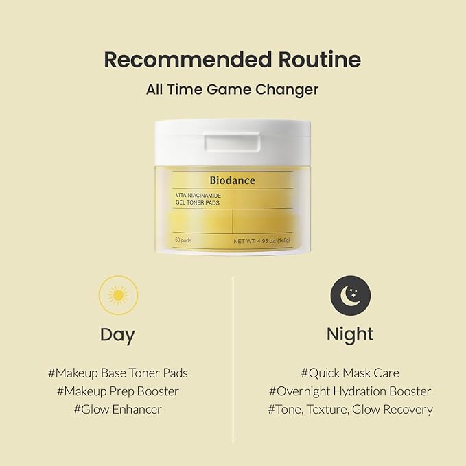 Biodance Vita Niacinamide Gel Toner Pads, Spot Correcting, Gentle Exfoliating, Evening Skin Tone, Brightening, Hydrating | 4.93 fl.oz.(140g), 60Pads