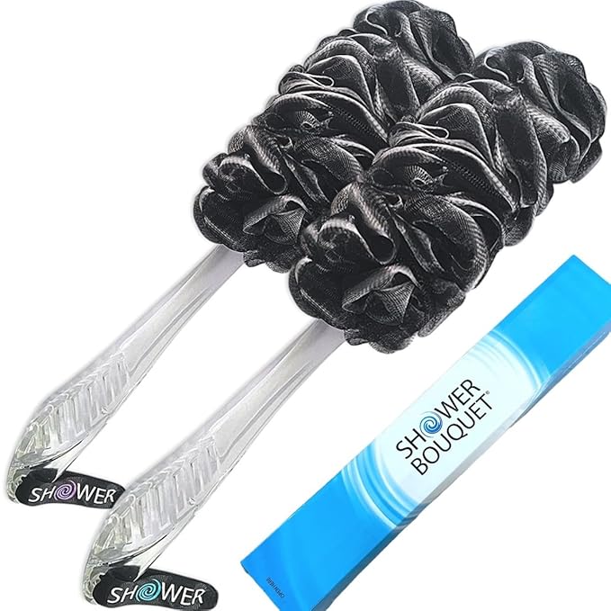 SHOWER BOUQUET Loofah-Charcoal Back-Scrubber 2-Pack // Long-Handle Bath-Sponge Brush/Extra Large Soft Mesh Loofa-Lufa-Loufa for Men & Women - Exfoliate with Full Pure Cleanse in Bathing Accessories