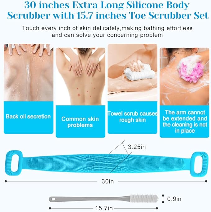 Inmorven Back Scrubber for Shower, 30" Double-Sided Back Brush with 15.7" Long Handle Toe Cleaning Brush, Silicone Foot Scrubber for Exfoliating and Massaging Feet