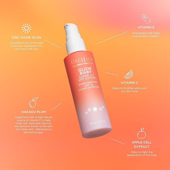 Pacifica Beauty Glow Baby Super Lit SPF 30 Lotion, Skincare, Broad Spectrum, UVA/UVB Sun Protection, Zinc Oxide, Mineral Sunscreen, Face Lotion, Tinted Moisturizer, Vegan, 1.7 fl oz (1 Count)