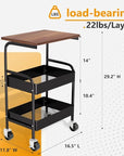 Rolling Cart with Wooden Tabletop, 3 Tier Metal Utility Cart, Rolling Storage Organizer Cart with Lockable Wheels for Kitchen, Office, Bedroom (Black)