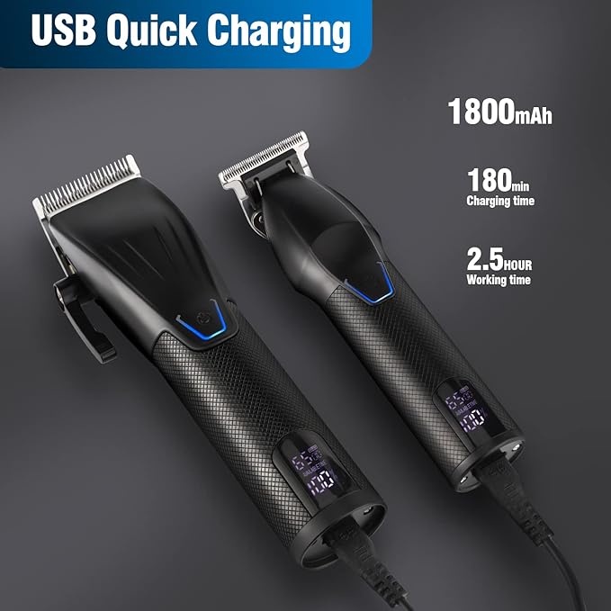 Professional Hair Clippers Trimmer Kit,Cordless Hair Clippers for Men,Barber Fading Clipper and Zero Gap T-Blade Trimmer Set with LED Display for Mens Gifts (Black)