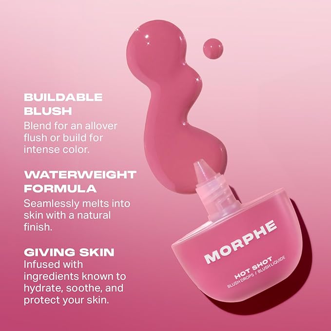 Morphe Hot Shot Blush Drops - Hydrating, Buildable Liquid Blush for Cheeks with Niacinamide and Antioxidants- Buildable, Waterweight Formula for a Natural Finish - Power Drip (0.5 Fl Oz)