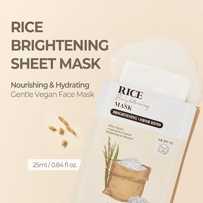 SKINFOOD Rice Daily Sheet Mask, Hydrating and Nourishing Face Mask with Rich Rice Essence, Vegan Korean Skincare for Smooth, Clear, Radiant Skin (10 EA)