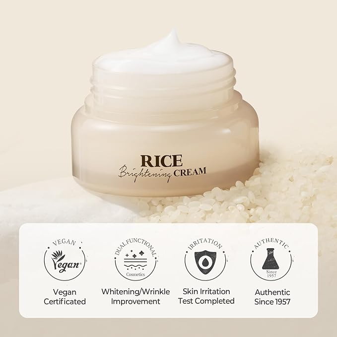SKINFOOD Rice Brightening Cream, Korean Face Moisturizer with 48 Hours Fermented Rice Water, Korean Skin Care Rice Moisturizer for Natural Glow Glass Skin, Nourishing, Vegan, 60ml/2fl.oz.