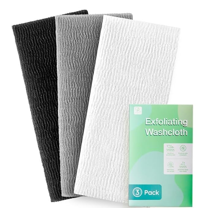 3-Piece Exfoliating Washcloth Set - African Net Sponge, Japanese Wash Cloth, Face & Body Exfoliator (Black, White, Grey)