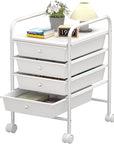 4 Tier Utility Rolling Cart with 4 Drawers Multipurpose Rolling Storage Cart with Wheels and Handles for Office Classroom Kitchen Bathroom Bedroom Organization White