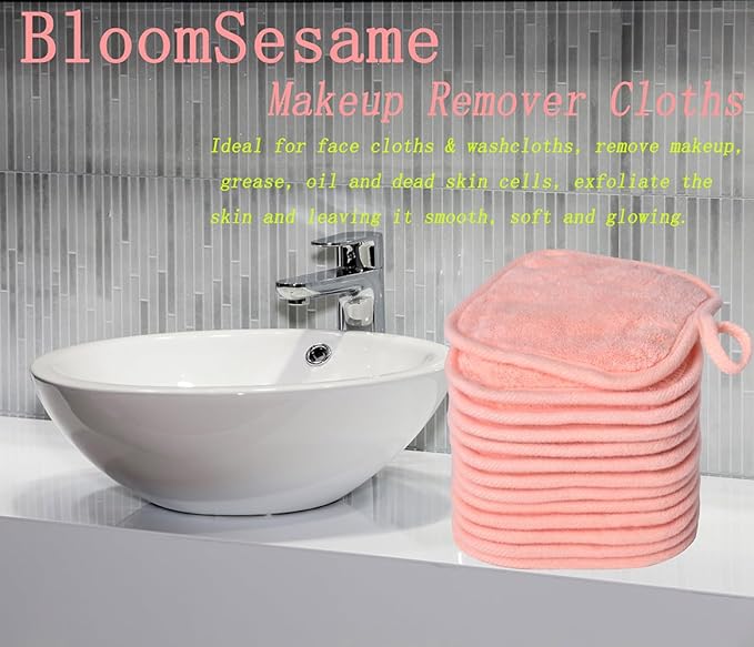 Makeup Remover Cloths for Face, Eye, Lips - Reusable Makeup Remover Pads Soft Microfiber Facial Cleansing Cloths 5 x 5 inch 12 Pack (Coral)