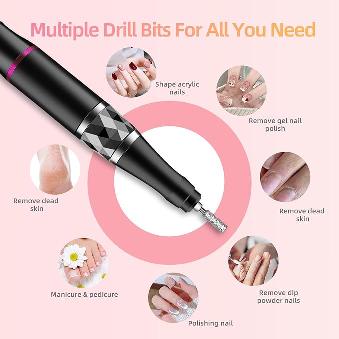 Electric Nail Files, 45000 RPM Professional Nail Drill for Acrylic Nails Gel, Adjustable Speed E File for Nails, Cordless Rechargeable Nail Drill Kit for Manicure Salon Home