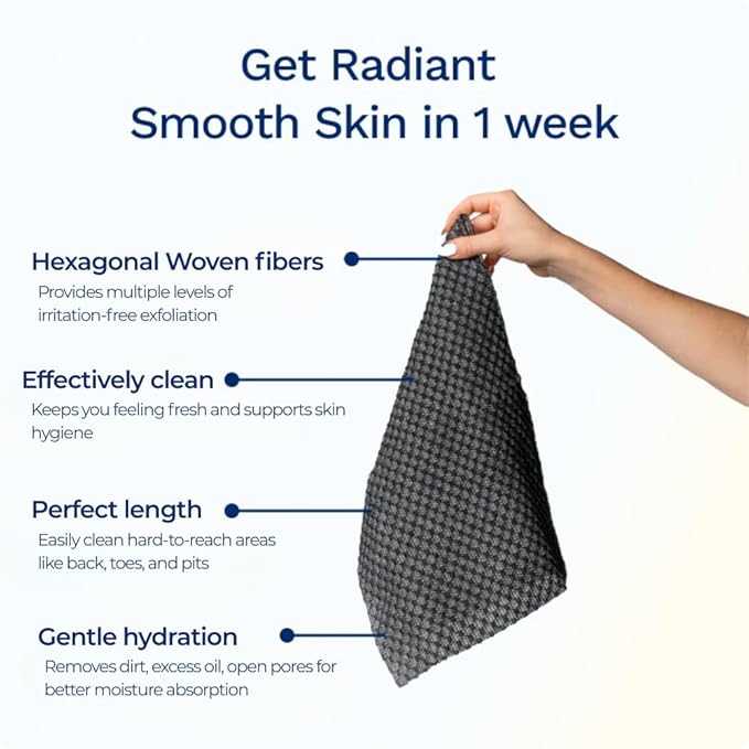Exfoliating Washcloth Face & Body Scrub Towel - Japanese Exfoliating Towel with Hexagon Fibers, Body Scrubber with 2 Sides for Scrubbing & Washing, Extra Long Body Towel (Black)