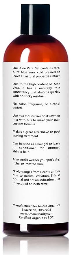 Organic Aloe Vera Gel for Skin, Face, Body, After Sun Care - USDA Certified Organic, 12 fl. oz.