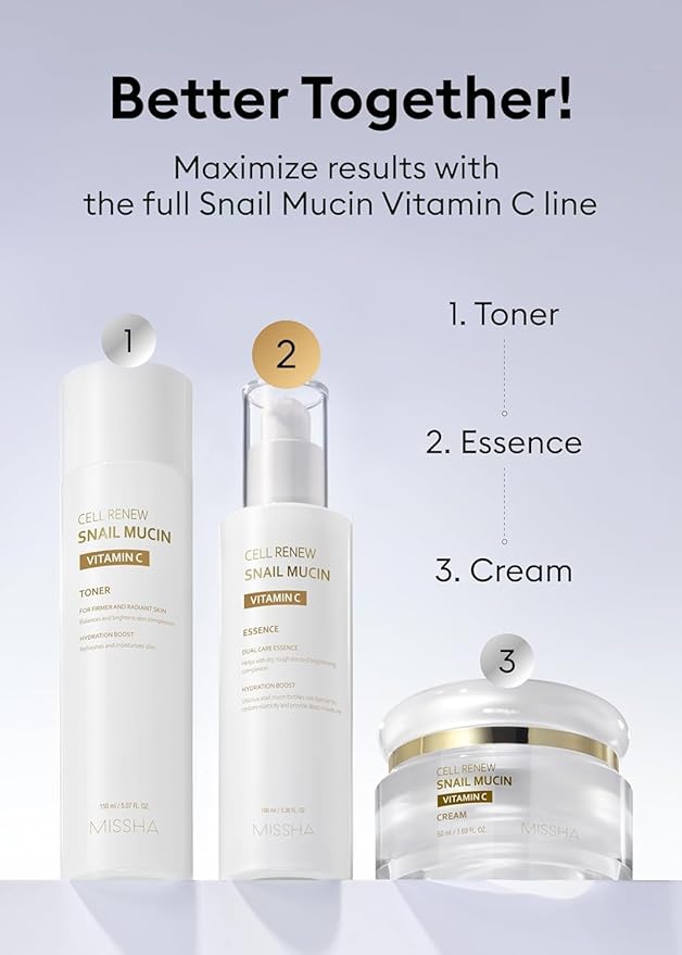 MISSHA Cell Renew Snail Mucin Vitamin C Essence Serum 3.38 Fl oz - Hydrating Korean Skincare for Glass Skin, Snail Mucin Serum for Improved Skin Texture & Complexion