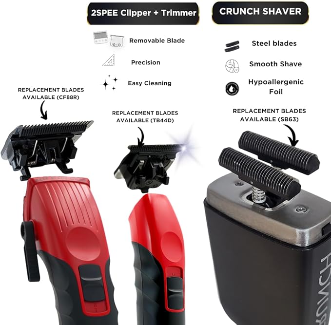 Supreme Trimmer 3-in-1 Barber Bundle | 2Spee Clipper, 2Spee Trimmer & Crunch Foil Shaver | Professional Beard Trimmer Men’s Hair Clipper Kit | Red