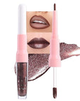evpct Dark Brown Metallic Glitter Lip Liner and Lipstick Combo Lip Gloss Stain Set Makeup for Women Long Lasting Waterproof 24, Chocolate Metallic Shimmer Frosted Iridescent Shiny Liquid Lipstick 11