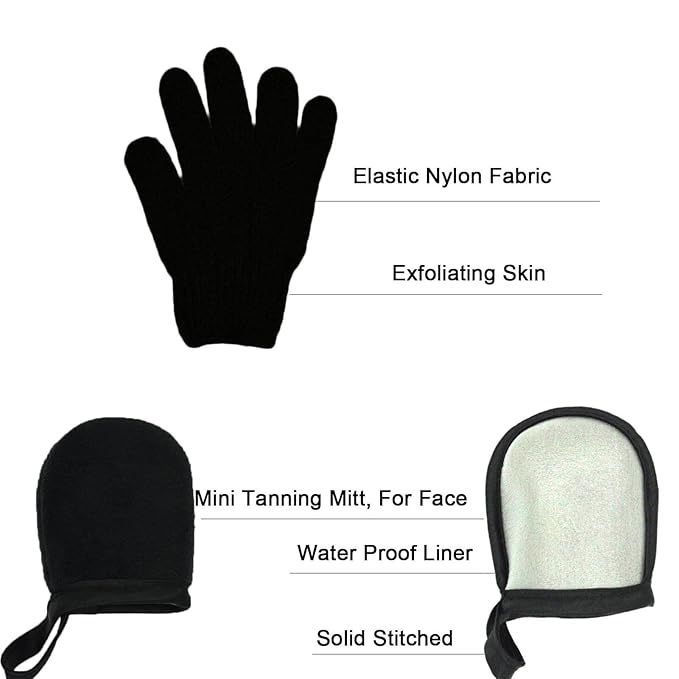 5 Piece Self Tanning Mitt Set with Tan Glove, Back Lotion Applicator, Face Mitt, Exfoliating Glove (Black)