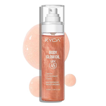 KYDA Body Glow Oil, SPF 45 Broad Spectrum, Sunscreen Body Oil with Rose Gold Mica, Moisturizing Coconuts Summer Sunscreen, Water Resistant Glow Skin Moisturizer, 3.38 fl oz, ROSE