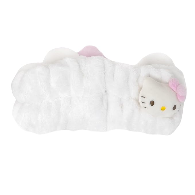 The Crème Shop Plush Spa Headband w/Hello Kitty's Signature Bow, Spa Headband for Washing Face, Skincare Headbands, Soft & Fluffy Headbands for Women (Pink)
