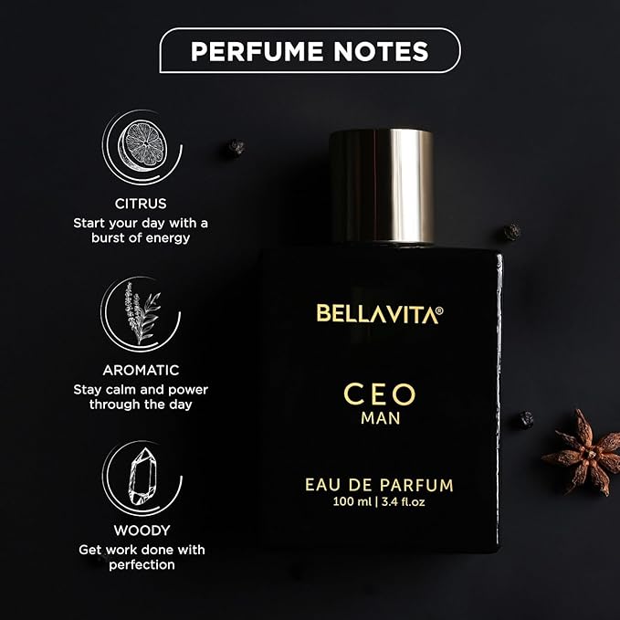 BellaVita Luxury CEO Man Perfume for Men (3.38 fl.oz) | Long-Lasting Men's Perfume with Lemon, Lavender, Tonka Vetiver & Moss Fragrance for Man | CEO Parfum for Men | Vegan & Cruelty-Free Fragrance