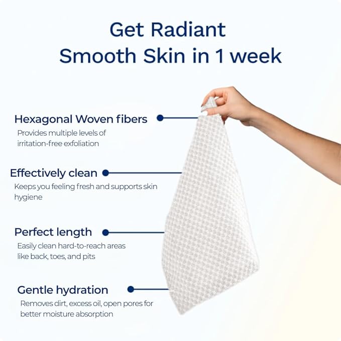 Exfoliating Washcloth Face & Body Scrub Towel - Japanese Exfoliating Towel with Hexagon Fibers, Body Scrubber with 2 Sides for Scrubbing & Washing, Extra Long Body Towel (White)